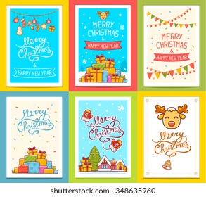 Vector collection of christmas templates with hand written text on bright background.Hand draw line art design for poster,flyer,brochure,template and greeting card. 