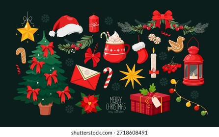 colección de Vector de ilustraciones temáticas de Navidades dispuestas sobre un fondo verde oscuro con árbol de Navidad decorado, sombrero de Papá Noel, linterna, velas encendidas, caja de regalo, flor de pascua, sobre rojo, galletas de jengibre, ramas de pino, bastón de caramelo, etc. Diseño festivo de vacaciones de invierno para tarjetas, carteles, empaques y gráficos de temporada.