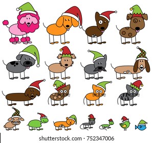 Vector Collection of Christmas Themed Stick Figure Pets