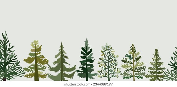Vektorgrafik von Weihnachtsbäumen. Minimale Winterlandschaft mit grünen Bäumen. Weihnachtssymbole Perfekt für Web, Banner, Karten. Vektorgrafik.