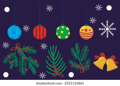 Vector collection of Christmas and winter elements of door leaves with ribbons, Christmas balls, bells and snow. Great for decorations, greeting cards and holiday themed designs.