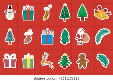 Vector collection of Christmas and winter elements in the style of stickers, gifts, socks, Santa Claus and Christmas trees. Suitable for decorations, greeting cards, social media elements and holiday 