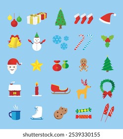 Vector Collection of Christmas and winter icons. Flat style Christmas decoration on blue background. Colorful cartoon illustration. Collection of holiday symbols in green red.