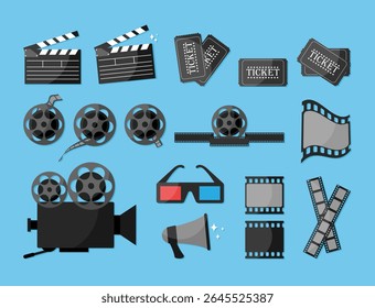 Coleção vetorial de ícones de filme em cinema. Câmera de vídeo, vários rolos de filme e tiras de filme, clapperboards, alto-falante, óculos 3D e ingressos de filme