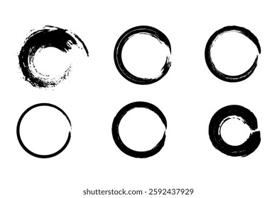 Vector collection of circular frames with hand-drawn brush strokes. Elements for an abstract circular logo design.