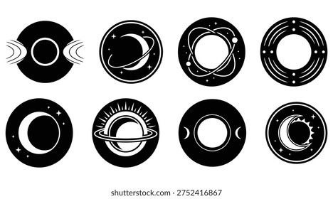 Vector collection of circular space icons featuring planets with rings, crescent moons, sun rays, and orbital paths suitable for astronomy clubs, science logos, and cosmic branding.
