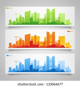 Vector collection of city skylines banners divided on layers for create parallax effect on your site. Image contains transparency in banner shadows and can be placed on every surface, EPS 10