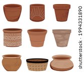 Vector collection of clay pots for house plants. Collection of
different textured terracota pots. Stylish flat elements for your 
desing isolated on white background.