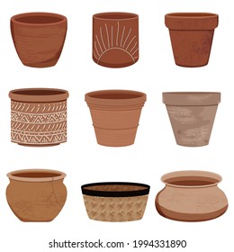 Vector collection of clay pots for house plants. Collection of
different textured terracota pots. Stylish flat elements for your 
desing isolated on white background.