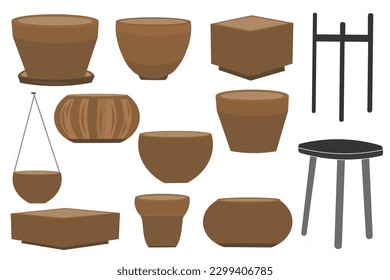 Vector collection of clay pots for house plants. Collection of different textured terracota pots. Stylish flat elements for your desing isolated on white background.
