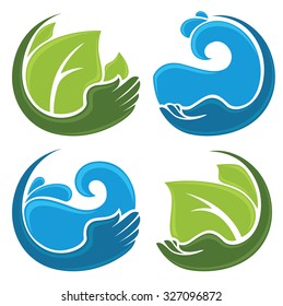 vector collection of clean  hands, fresh water and green leaves