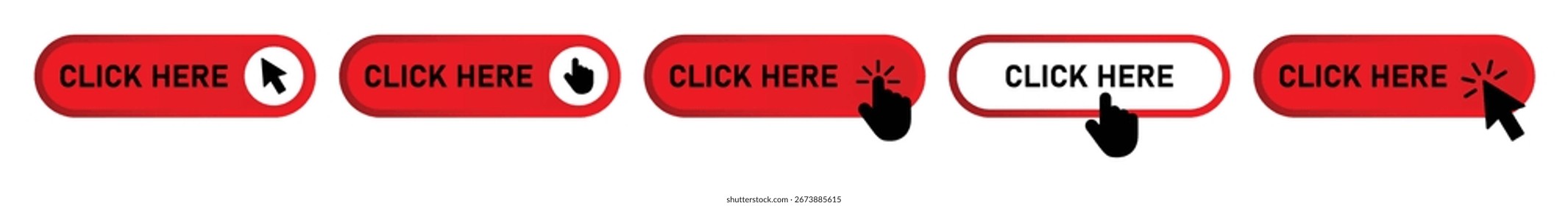 Vector collection of click here buttons with cursor and hand pointer icons. Perfect for website UI, app design, digital ads, navigation.