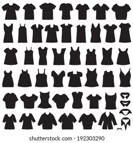 vector collection of clothing icons, isolated shirts and blouses silhouette