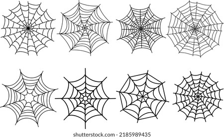 Vector Collection of Cobweb, isolated on white, transparent background. Spiderweb for Halloween design. Spider web elements,spooky, scary, horror halloween decor.