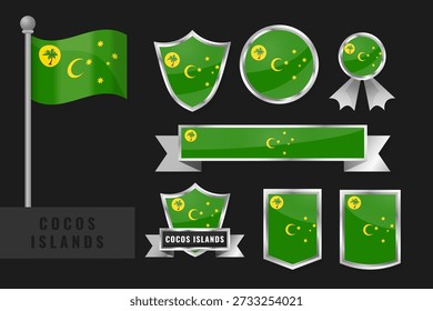 Vector collection of Cocos (Keeling) Islands flags and emblems. Waving flag, shields, badges, ribbons and banners with palm tree, crescent moon and Southern Cross stars on green background.