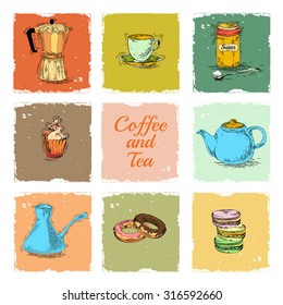 Vector collection coffee and tea illustration isolated for restaurant or cafe menu. Coffee and tea set with teapot, moka pot, coffee maker, cups, spoon, sugar bowl  hand drawn of pen