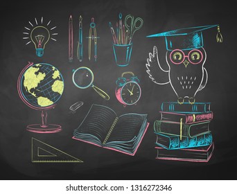 Vector collection of color chalk drawn  illustrations of education items on chalkboard background.