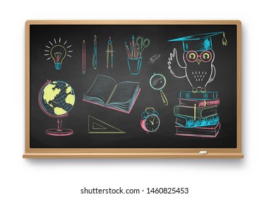 Vector collection of color chalk drawn illustrations of education items on chalkboard isolated on white background with shadow.