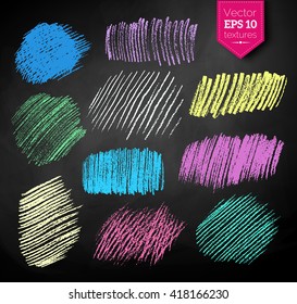 Vector collection of color chalked hatching grunge textures on black chalkboard background.