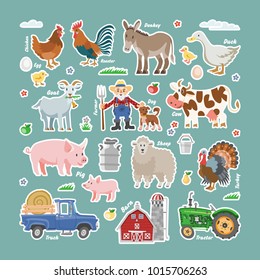 Vector collection color farm illustration with old farmer, dog, barn, cow, sheep, donkey, pig, chicken, rooster, duck, turkey, goat, truck and tractor. Big comic set of country and agriculture objects