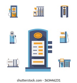 Vector collection of color icons for gas and filling station. Power charger, gas and fuel pumps. Modern flat design. Elements of web design for business, website and mobile.