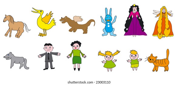 vector collection of color kid drawings - family, animal, dragon, princess