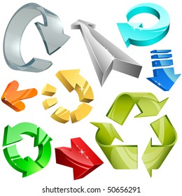 Vector collection of color plastic, metal and glass 3D arrows.
