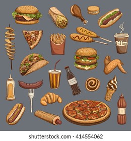 Vector collection of color sketches of fast food on a gray background