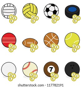 Vector collection of color sports balls with coins on top of them to symbolize sports betting