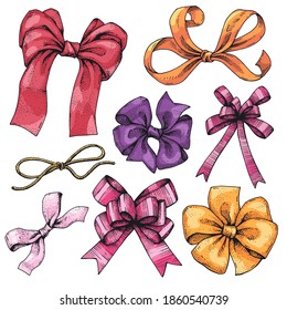 Vector collection of colored bows and ties for gifts. Different colors and sizes. Hand-drawn sketches in ink and pen. Vintage style engraving. Isolated objects on a white background. Postcard design