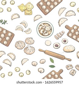Vector collection of colored sketches of various types of dumplings
