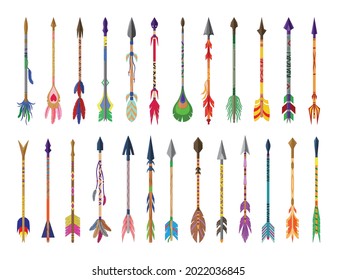 Colección vectorial de flechas coloridas. Flechas africanas y nativas americanas con plumas.