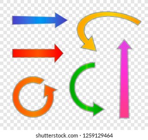 Vector Collection of Colorful Arrows Isolated on Light Transparent Background, Clipart Template, Direction Signs with Shadows.