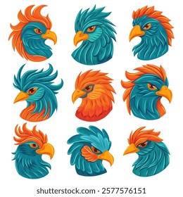 Vector collection of colorful bird portraits. Set of parrot heads in cartoon fantasy style. Hand drawn macaws isolated from background.