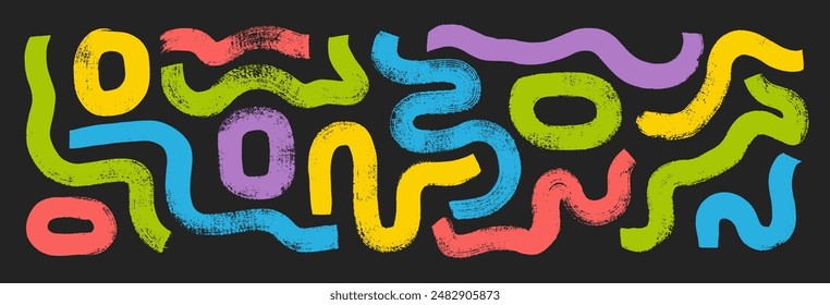 Vector collection of colorful bold squiggly lines and round squares drawn by brush. Hand drawn thick wavy lines, labyrinth motif. Grunge elements for collages, print, posters and graphic design.