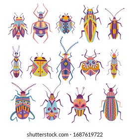 Vector collection of colorful bugs in boho style with tribal ornaments. Can be used as a template for your design, stickers, logo, icons, apparel.