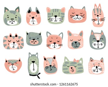 Vector collection of colorful cat faces. Funny illustration for children.