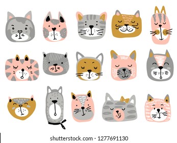 Vector collection of colorful cat faces. Funny illustration for children.