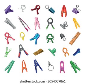 Vector collection of colorful clothespins, clips, paper clips. Objects isolated on white background.