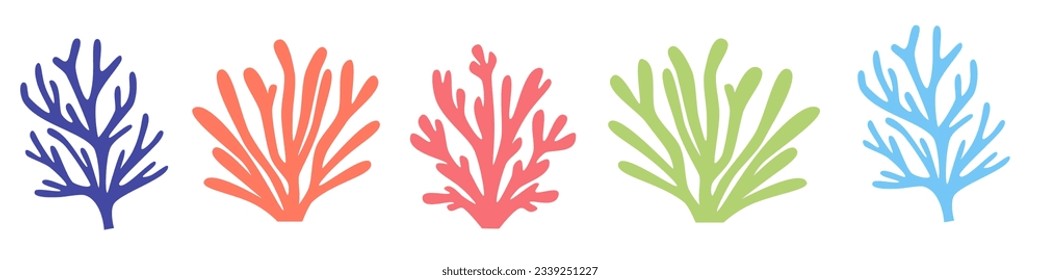 Vector collection of colorful corals. Underwater plants on white background 