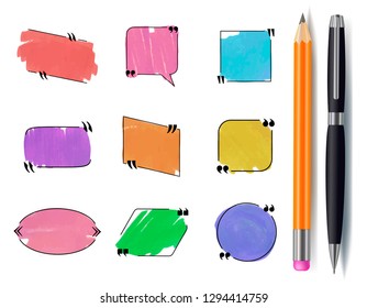 Vector Collection of Colorful Design Elements, Hand Drawn Quote Frames Set Isolated on White Background with Pen and Pencil, Graphic Art.