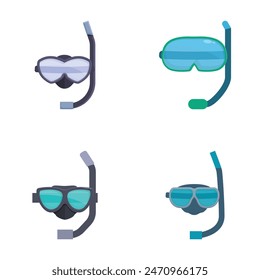 Vector collection of colorful diving masks and snorkels isolated on white, including different styles and shapes