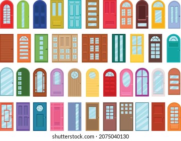 Colección vectorial de puertas coloridas de estilo plano. Objetos para crear un interior.