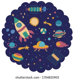 Vector collection of colorful drawn rocket, ufo, spaceship, planets and other cosmic objects. 