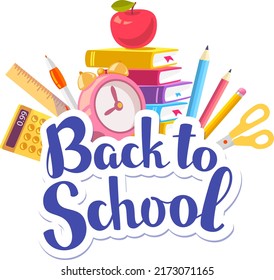 Vector collection of colorful education illustrations with backpack, pile of books, phone, microscope and other many school supplies on color background.