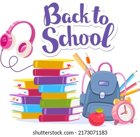 Vector collection of colorful education illustrations with backpack, pile of books, phone, microscope and other many school supplies on color background.
