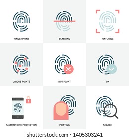Vector collection of colorful fingerprint flat icons. Safe access and security concept. Items for systems of protection and verification, definition, scanning, search, match.