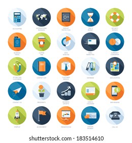 Vector Collection Of Colorful Flat Business And Finance Icons With Long Shadow.