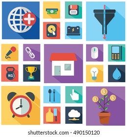 Vector collection of colorful flat business and finance icons with long shadow. Design elements for mobile and web applications.