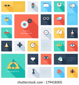 Vector collection of colorful flat search engine optimization icons with long shadow. Design elements for mobile and web applications.